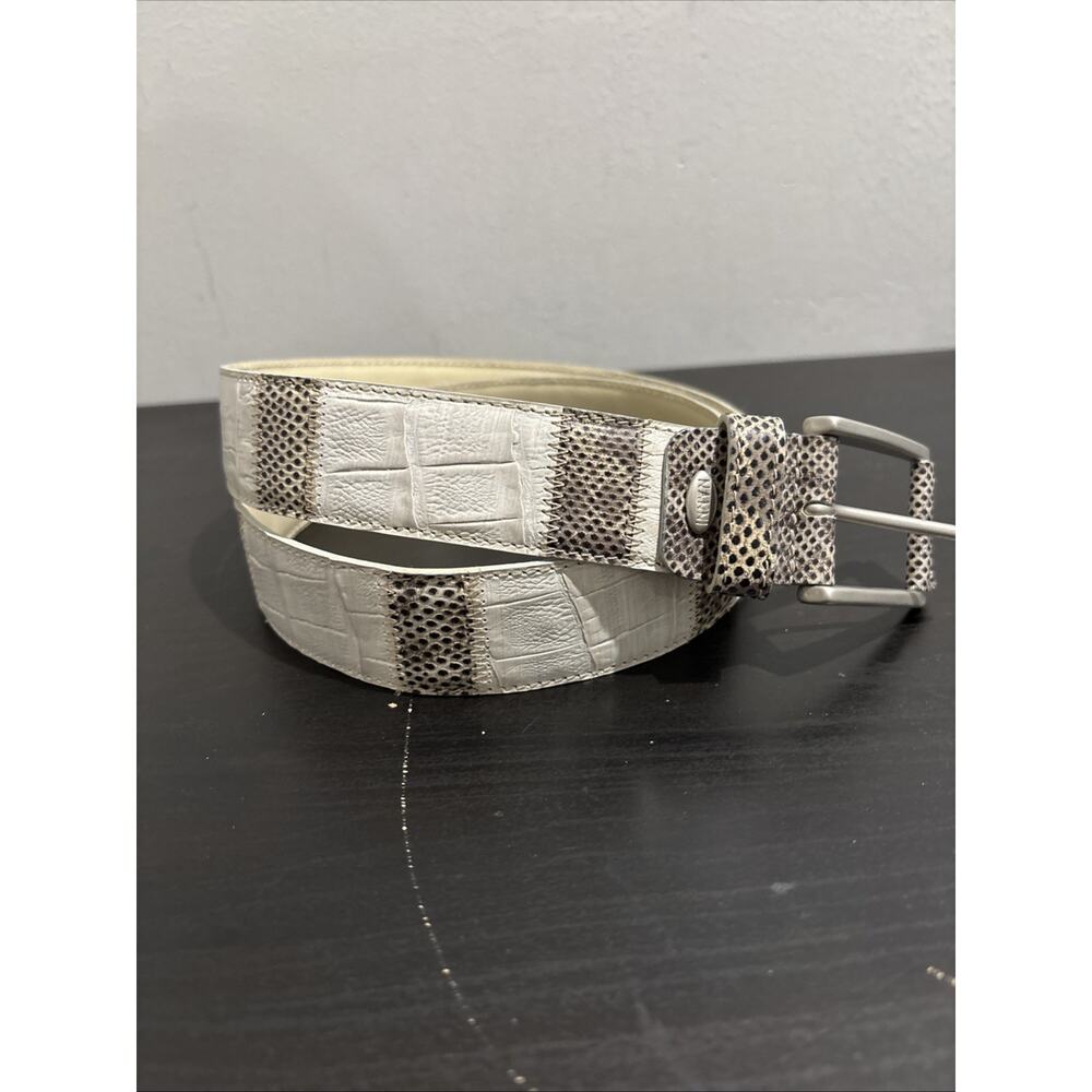 Nanni Italy Mixed Reptile Embossed Print Cream Leather Belt 95/38 Solid Brass